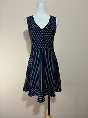 J. Crew Navy and White Striped V-Neck Fit & Flare Mini Dress